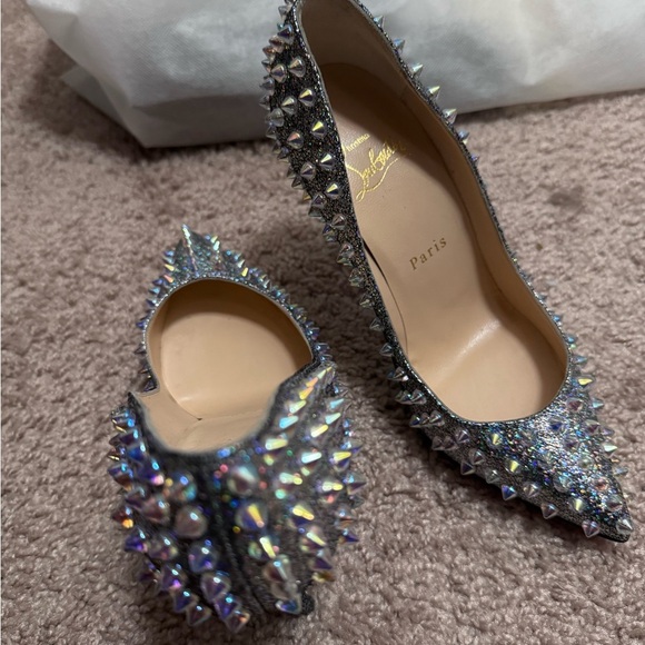 RARE Christian Louboutin Studded Silver & Suede Holographic Heels - Picture 16 of 16